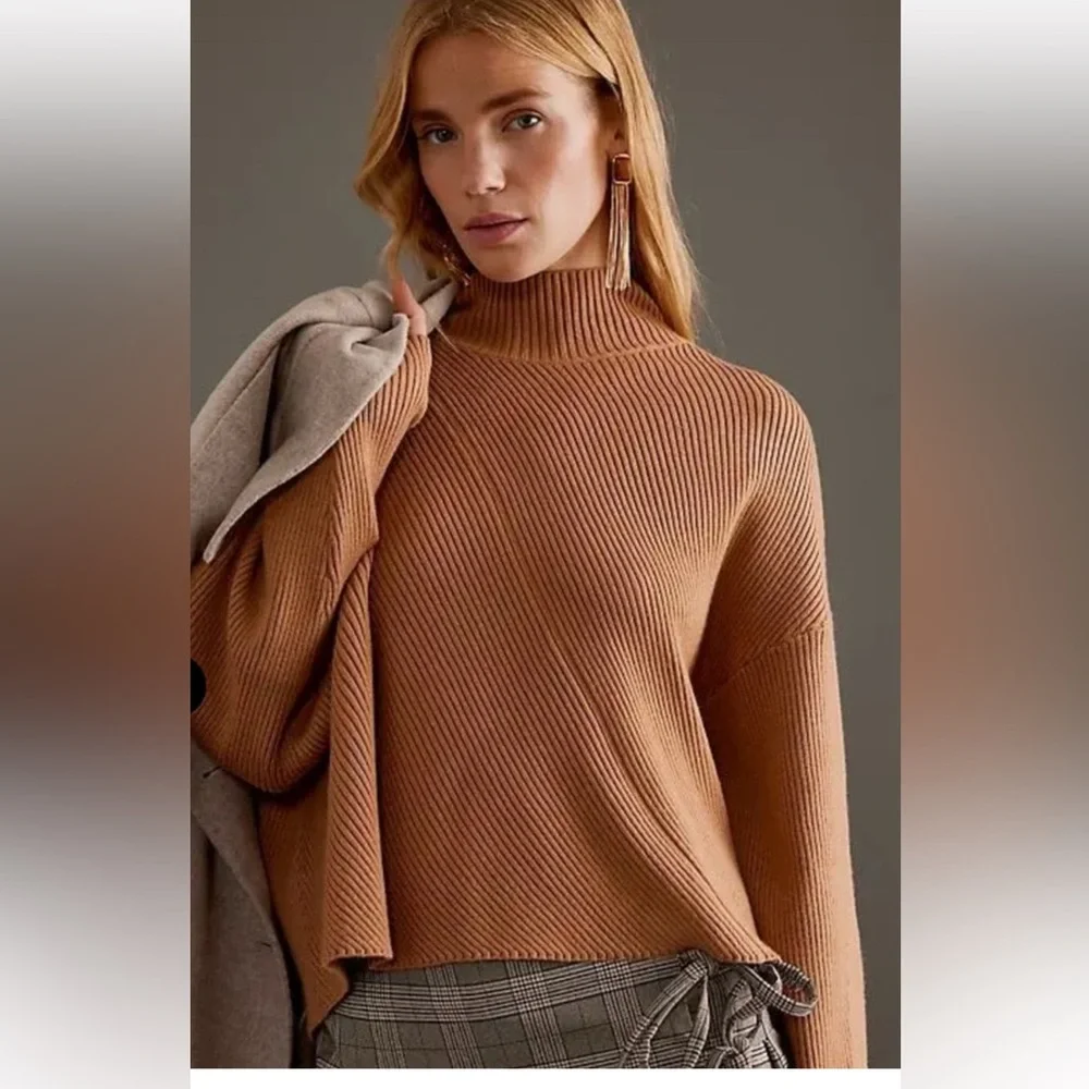 Maeve Camel Ribbed Turtleneck Sweater - Picture 1 of 4